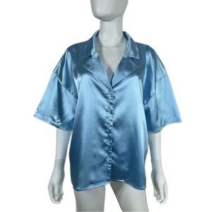 Forever 21+ Satiny Light Blue Short Sleeve Button Down Blouse